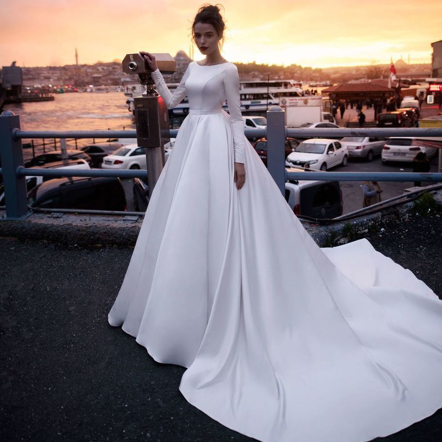 long sleeve satin ball gown