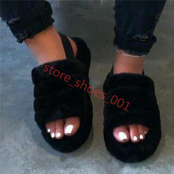 black fur flip flops