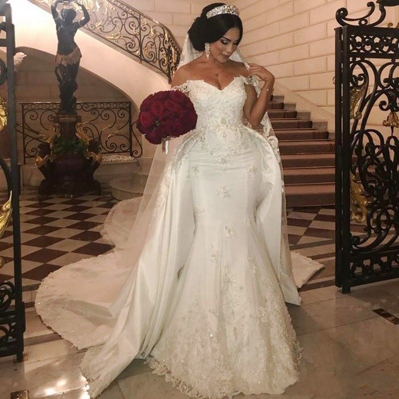 Elegantes vestidos de novia de la sirena con un tren desmontable de hombro vestido de novia Elegantes vestidos de novia de la sirena con un tren desmontable de hombro vestido de novia
