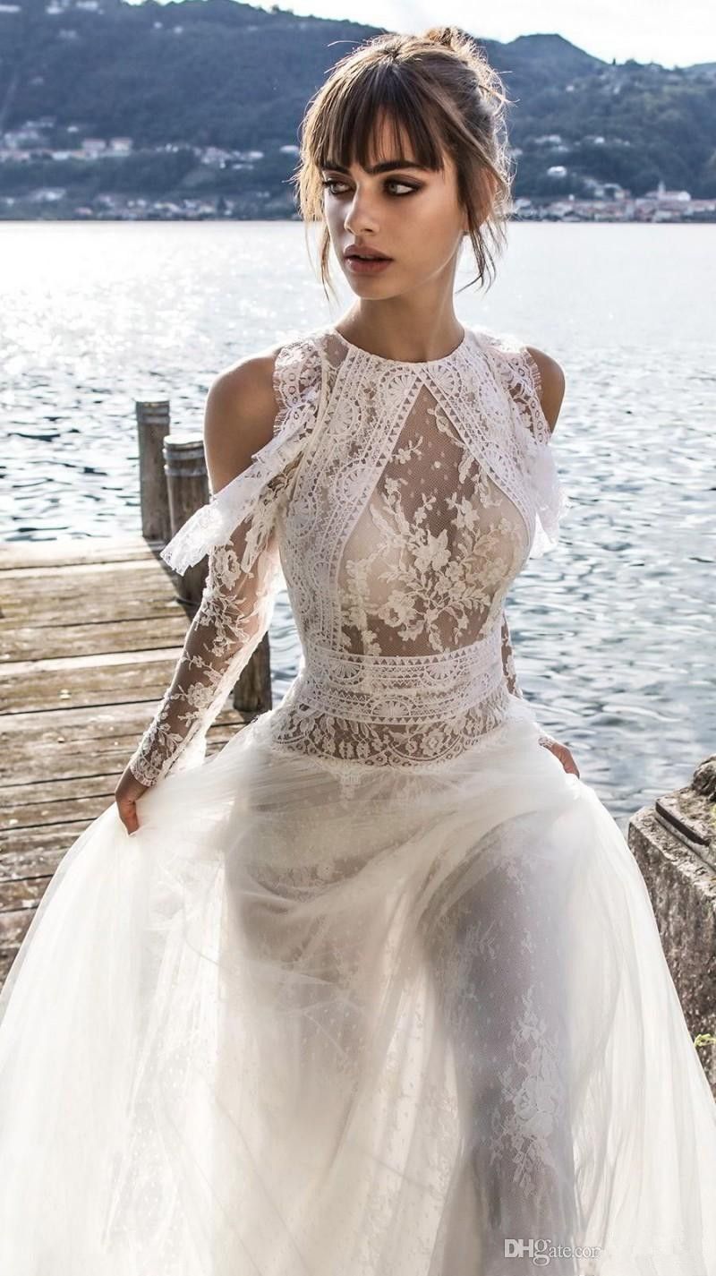 2019 vintage una línea boho bohemio vestidos de boda de playa vestidos de novia  vestido de novia de manga larga vestidos novia Vestidos de boda de diseñador