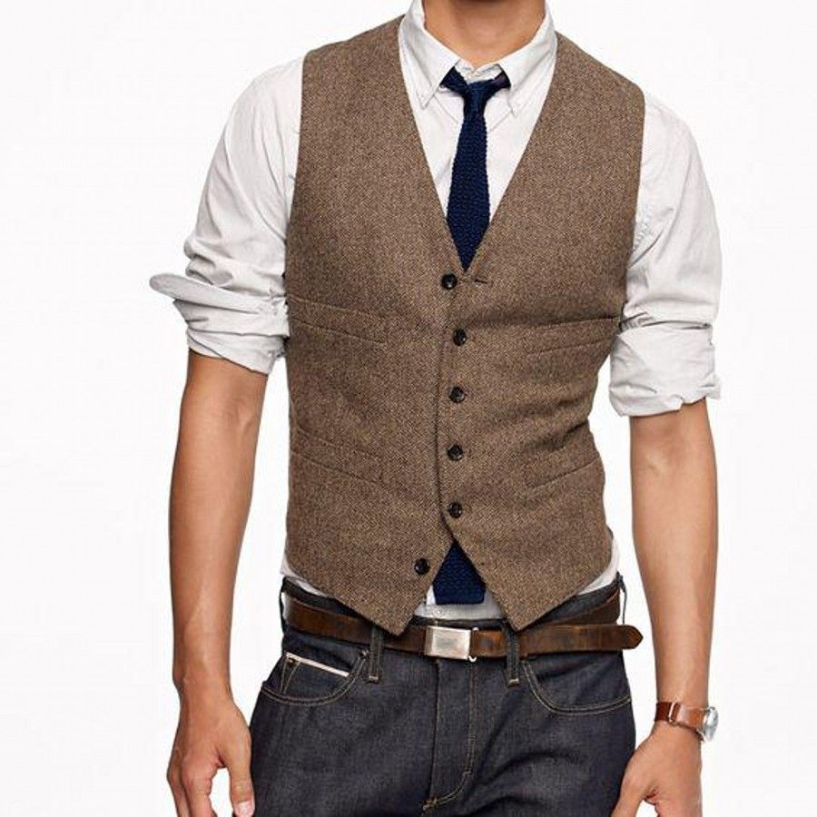 2019 Rustic Groom Vests Wedding Vintage Country Brown Tweed Mens Slim ...