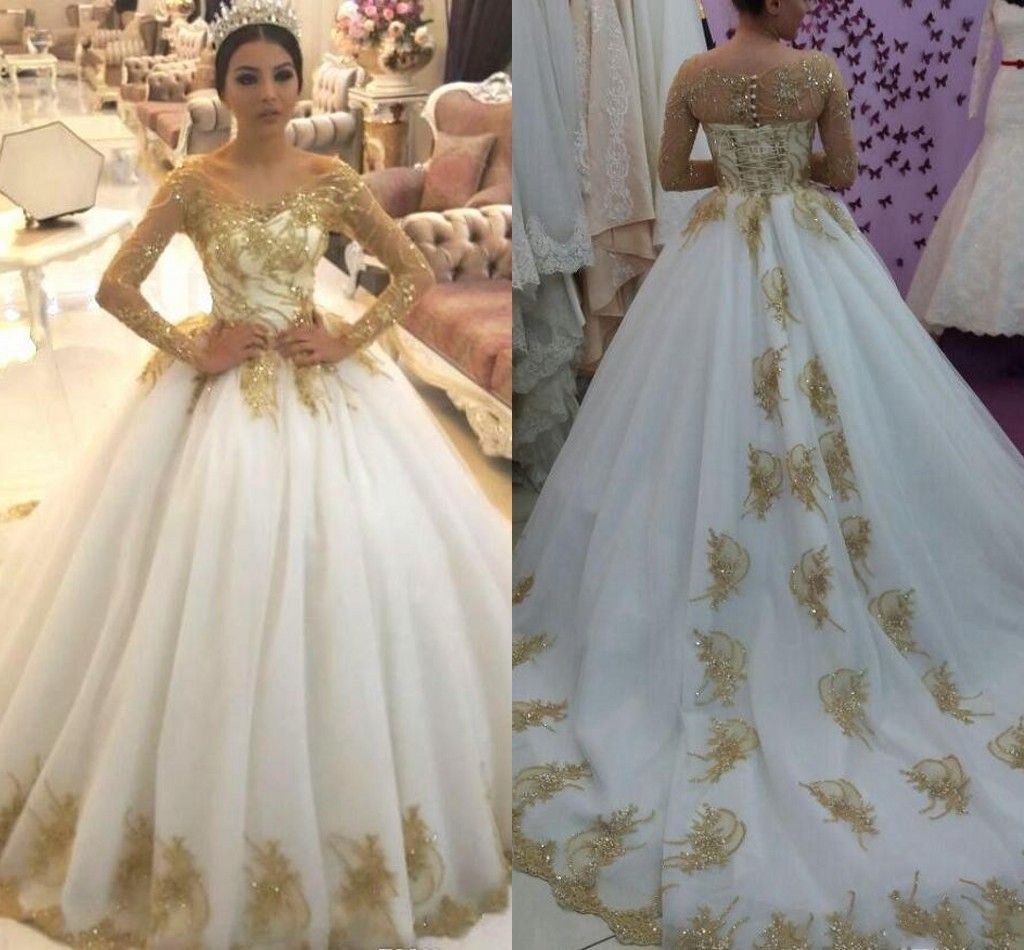 Unique Bling Gold Applique Lace Ball Gown Wedding Dresses