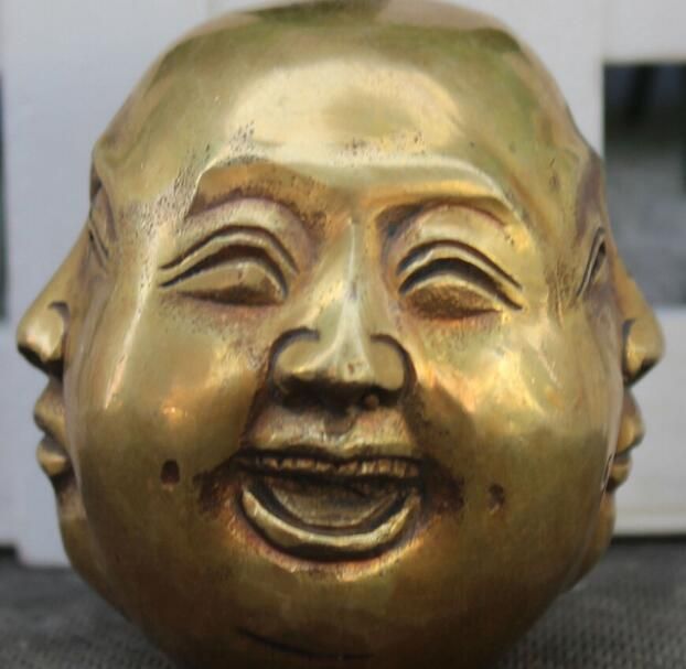 OLD SIGNED BRONZE Carved Buddhism Buddha Head Sculpture Statue 4 Faces
