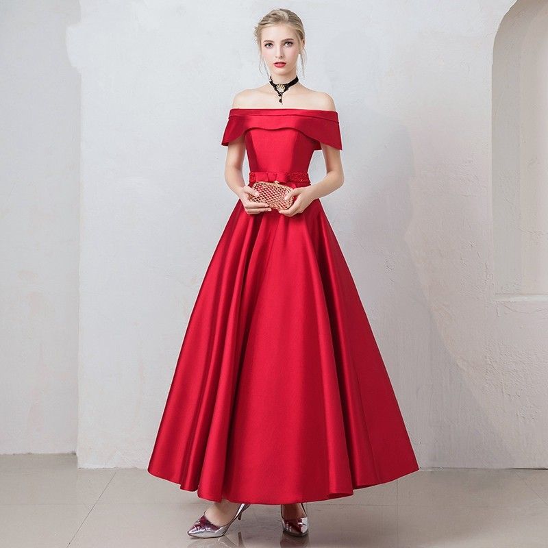 Compra Rojo Clásico Del Tobillo Tarde De La Longitud Vestido De Fiesta  Fuera Del Hombro Con Las Mangas De La Cinta Arcos Cremallera De La Espalda  Una Línea De La Alfombra Roja