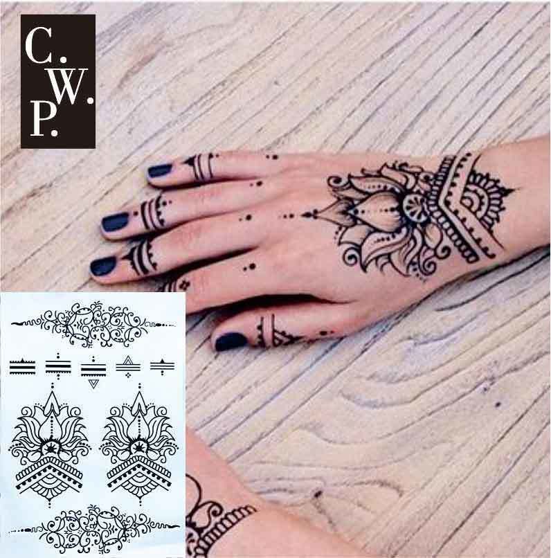 #bh1709 1 Piece Lotus Wrist Black Henna Temporary Tattoo With Modern Henna  Pattern Tattoo For Hands Stickers SH190729
