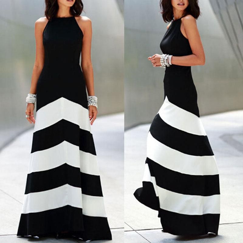 green and white striped maxi dress