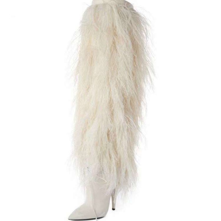 Hot Sale Pointed Toes White Fur High Heels Winter Women Thigh High