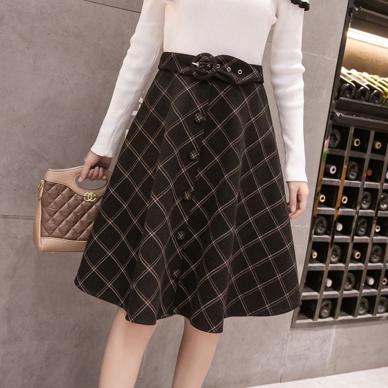 Compra Falda De Moda Una Línea De Lana De La Falda De Las Mujeres Del  Patrón De La Tela Escocesa Negro Gris A Cuadros Elegante Midi Faldas Con  Cinturón Casual De Invierno