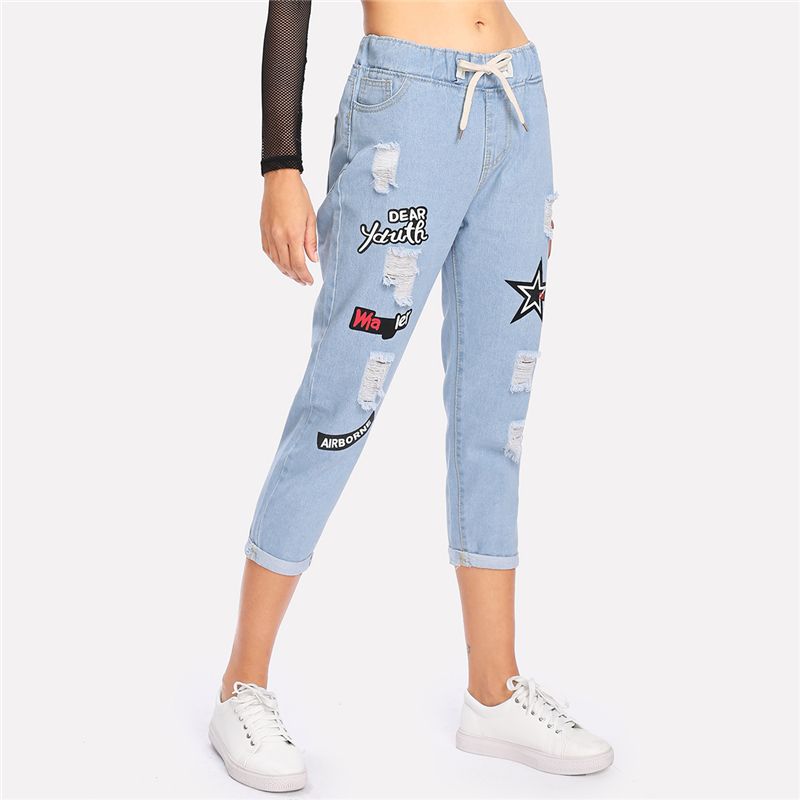 Ripped Cuffed Jeans Women Blue Offset 