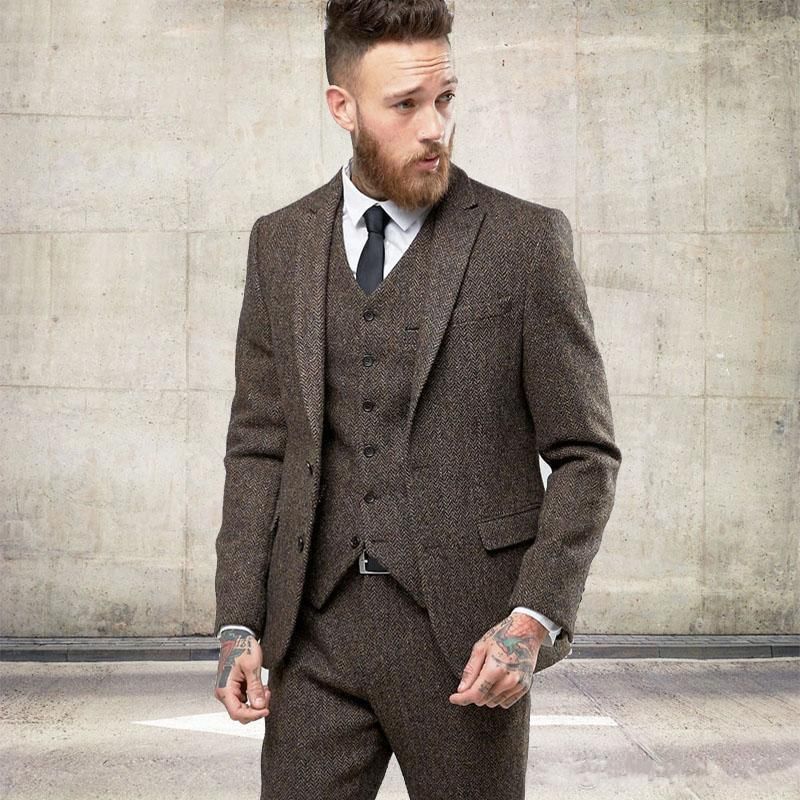 New Custom Tweed Lã Homens Ternos de Inverno Formal Magro Smoking de Casamento Blazer Moderno Gentil 3 Peça Homens Ternos (Jacket + Pants + Vest)