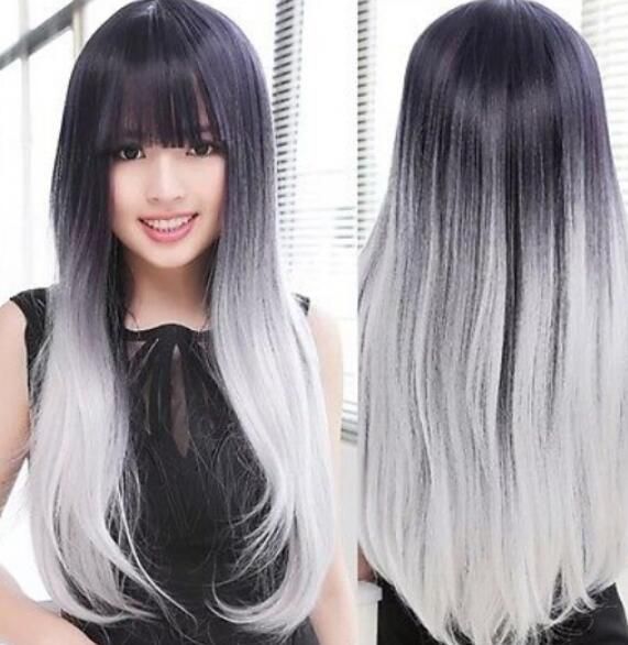 Freeshi Pping Lady Long Lolita Black Mix Gray Wig Slight Wavy
