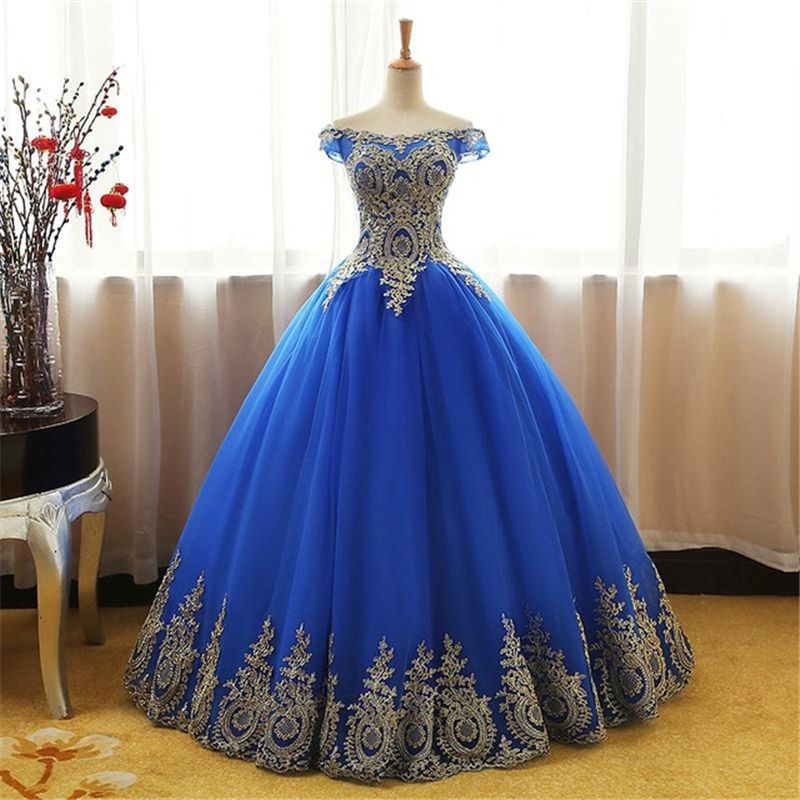 Blue Quinceanera Dresses Tulle With Gold Appliques Lace Sweet 16 Ball