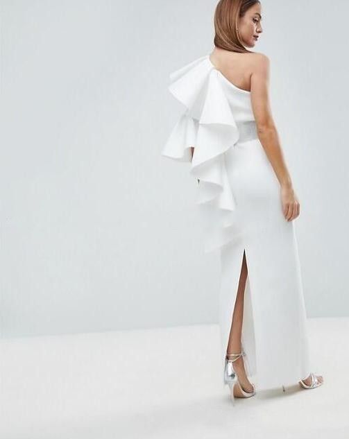 white one shoulder ruffle dress