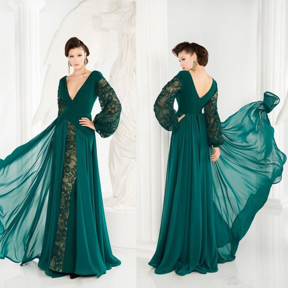 Compra Vestidos Formales Modernos De Noche De Hunter Green Con Manga Larga  2020 Encaje Gasa Escote En V Longitud Completa Ocasión Vestido De Fiesta  Túnicas De Soirée Barato | Entrega Rápida Y