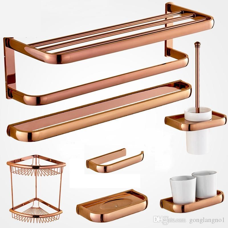 Rose Gold Solid Brass Towel Rack Bath Toilet Paper Holder Toothbrush