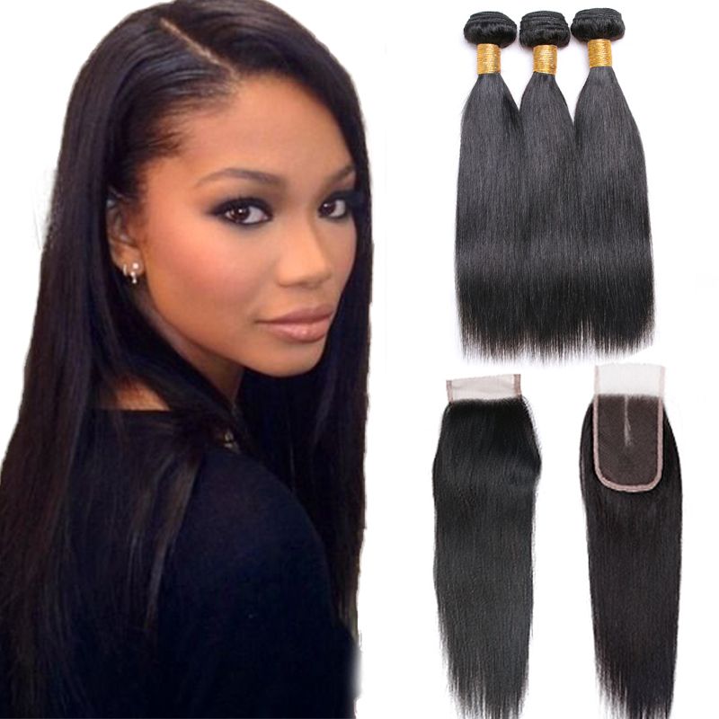 Straight Hair 3 Bundles With Closure Middle Part Brazilian Virgin