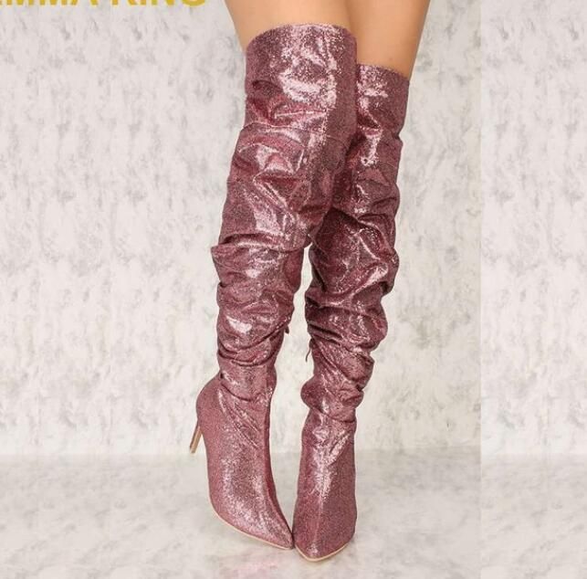 shimmer thigh high boots