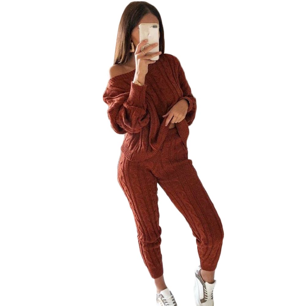 Compra Conjunto De Dos Piezas Trajes De Suéter De Punto Casuales Y Dulces Para  Mujeres Jersey Con Cuello O Top + Pantalones Largos Monos Trajes De Casa  Elásticos Barato | Entrega Rápida