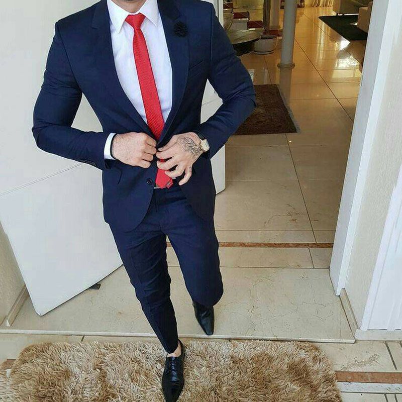 Blue suit deals with red shoes