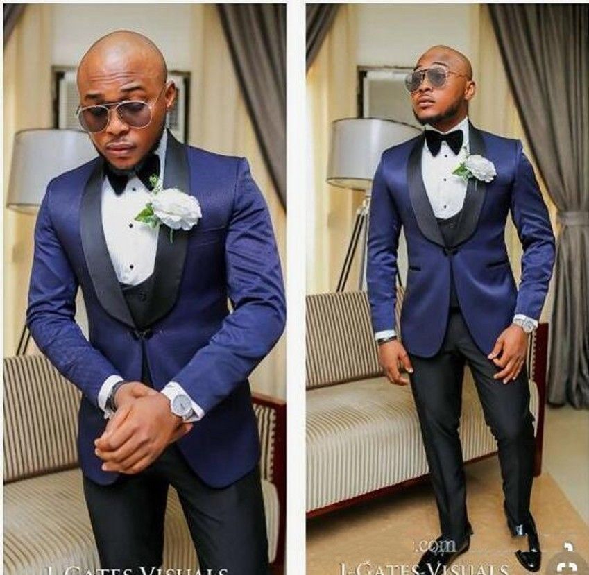 Blue Groom Tuxedos Black Lapel Slim Fit 