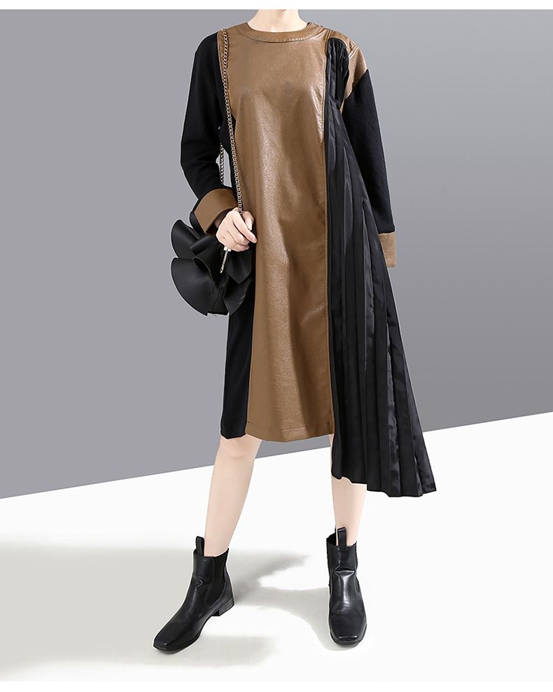 Loose Long Sleeve Dress Pleated Pu Leather Skirt Women Winter Faux