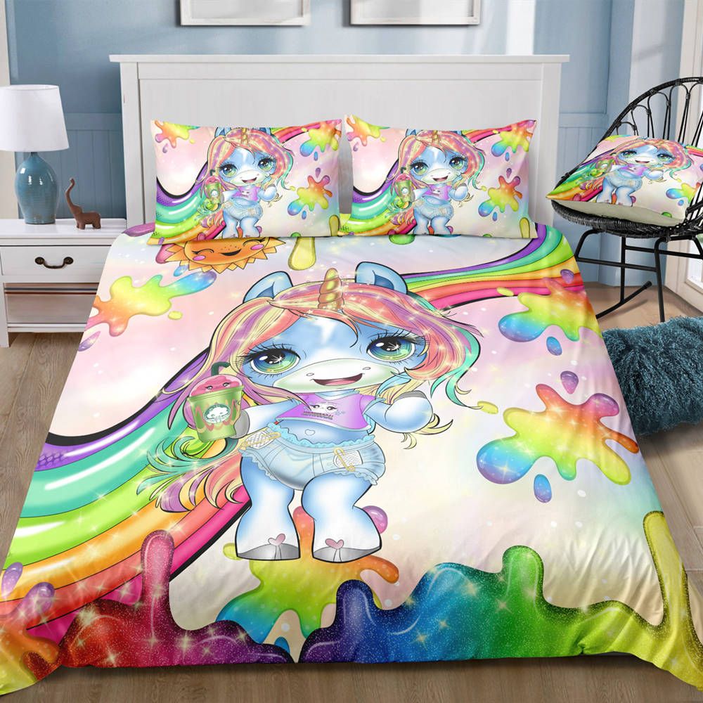 Blue Unicorn Bedding Set For Children Fantasy Lovely Rainbow Duvet