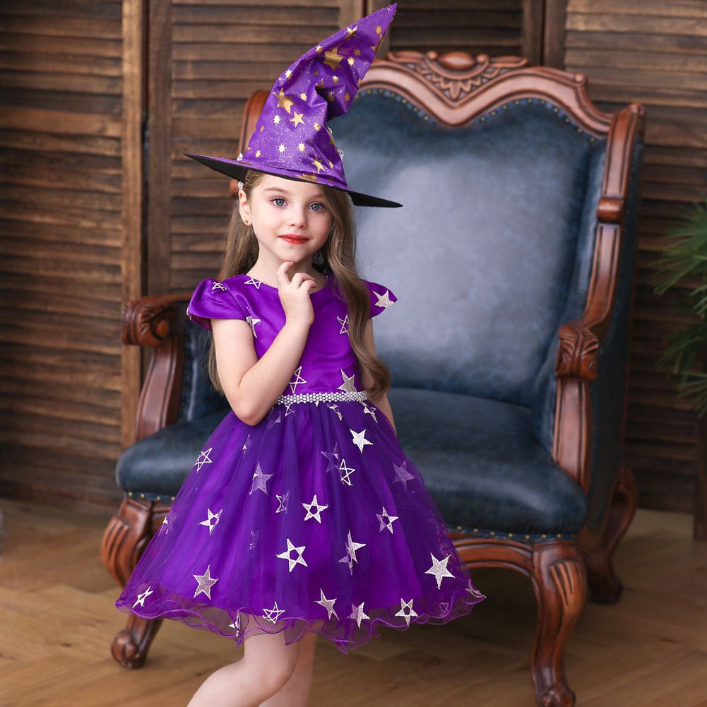 UK Kid Baby Girl Halloween Clothes Party Star Lace Dress Witch Hat Summer Outfit