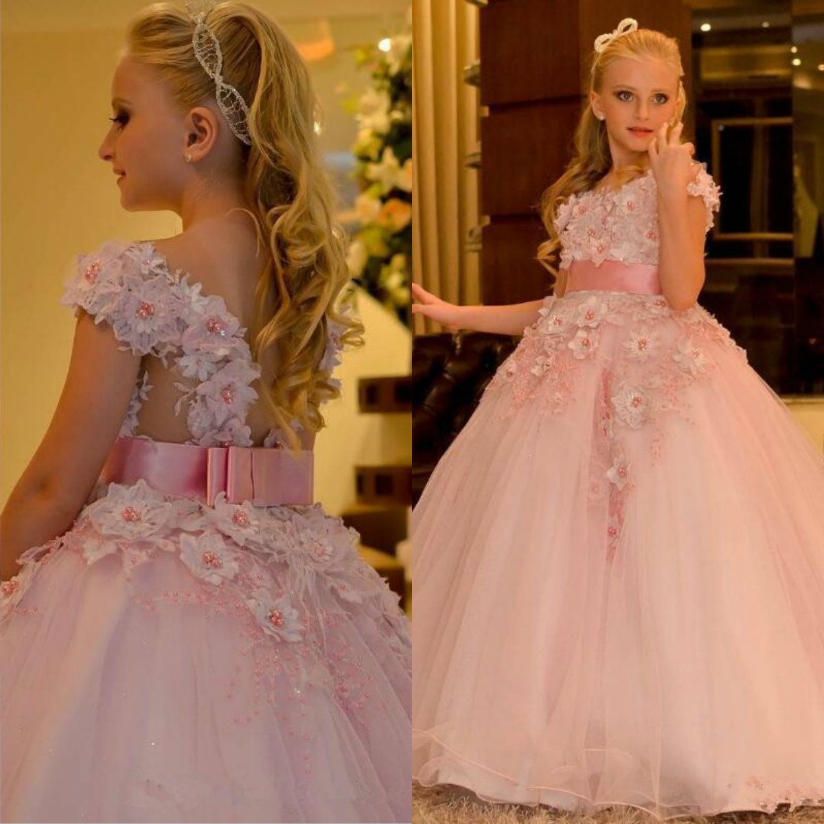 Lovely Light Pink Flower Girl Dresses For Wedding Cap Sleeve Lace 3D