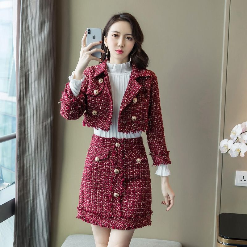 Cheap Fall Small Fragrance Vintage Tweed Two Piece Set Women Crop Top Woolen  Short Jacket Coat + Mini Skirts Sets Sweet 2 Piece Suits