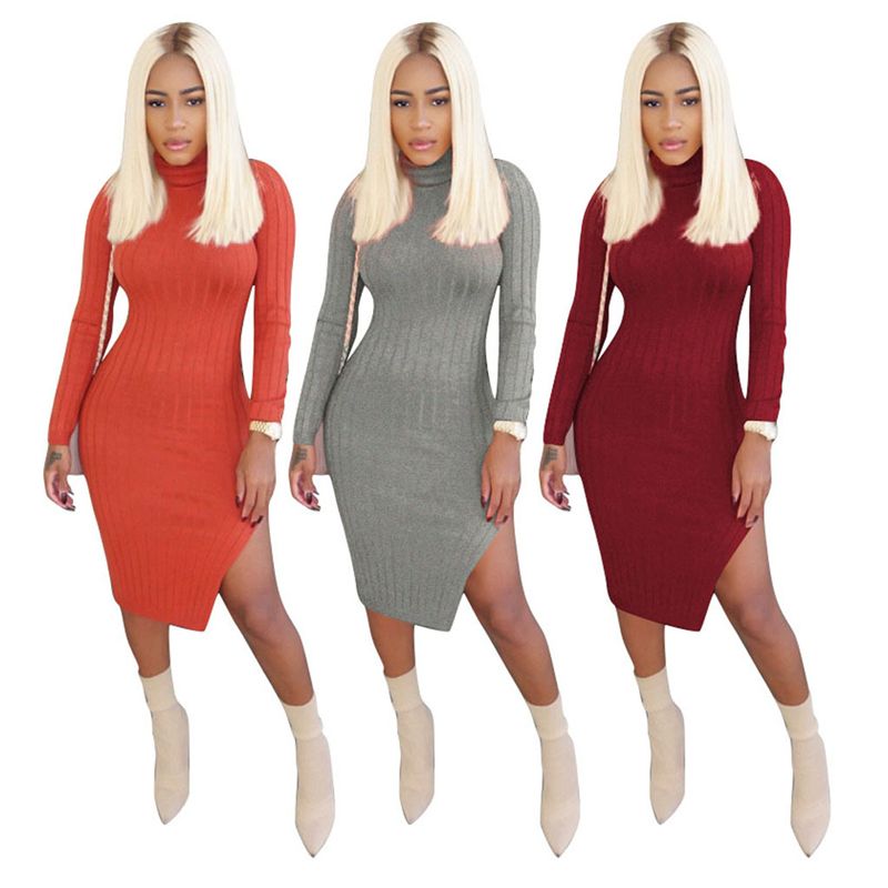 Sexy Turtle Neck Long Sleeves Side Split Solid Colour High Elastic ...