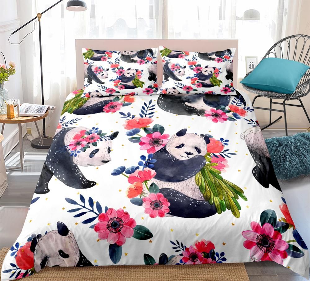 Panda Bedding Set Cartoon Animals Bed Cover Floral Girls Duvet