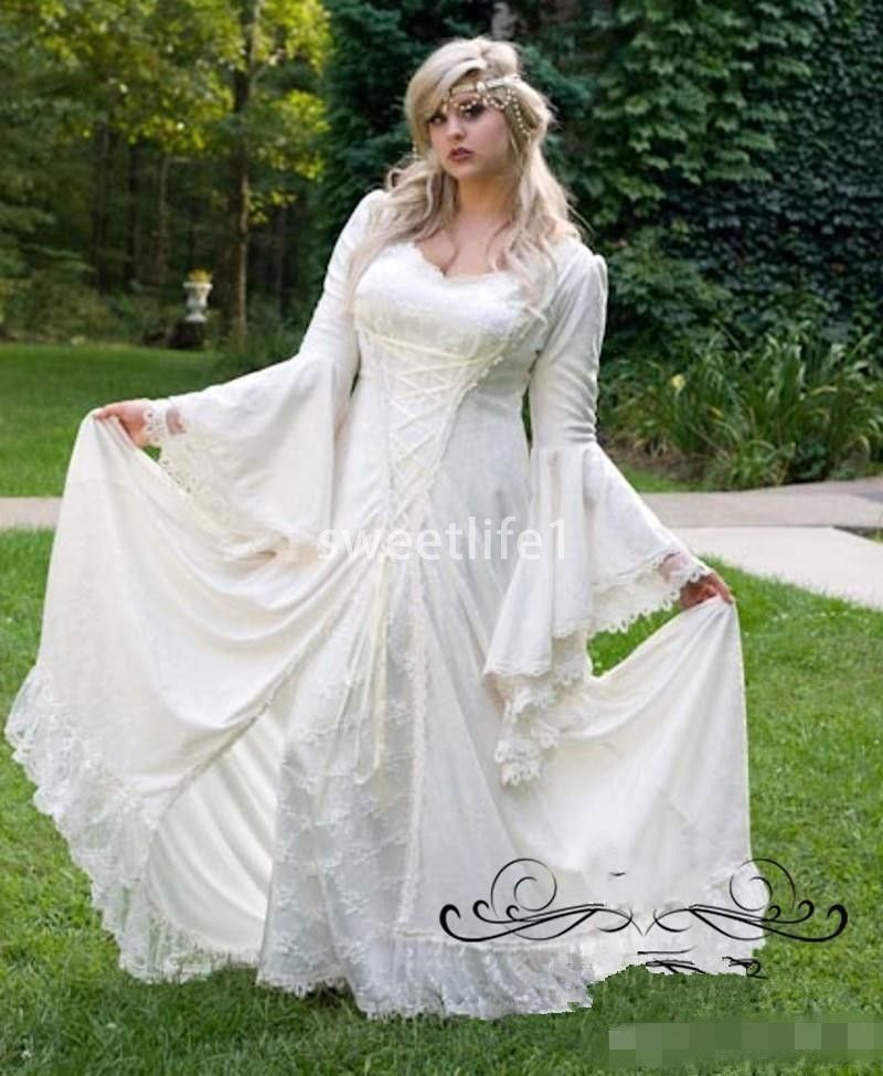 Discount Vintage Gothic Wedding Dresses A Line Bell Long Sleeve