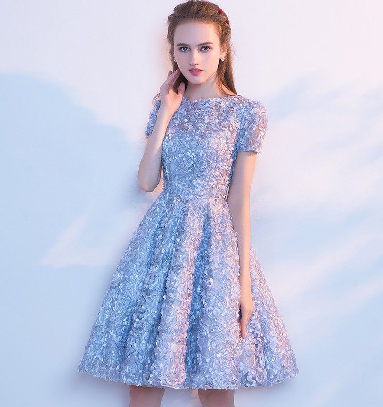 Elegante cielo azul encaje cóctel corto vestido verano vestido de fiesta comunión vestido de