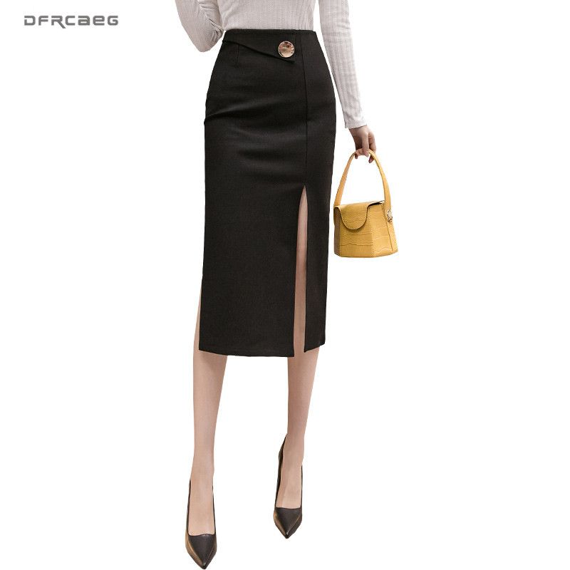 2020 Black High Waist Straight Long Skirts Women 2020 Summer