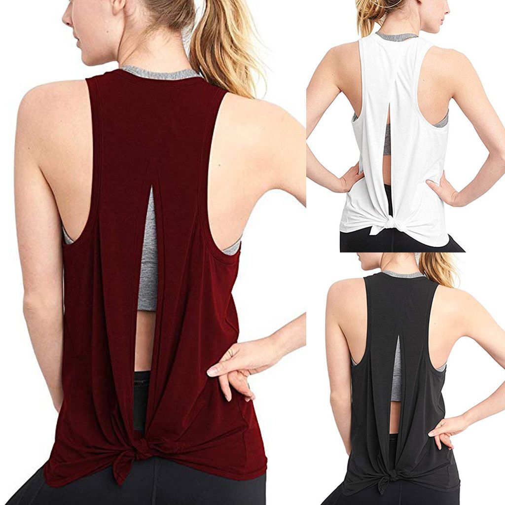 2020 Women Sexy Open Back Sport Solid Yoga Shirts Tie Workout Racerback