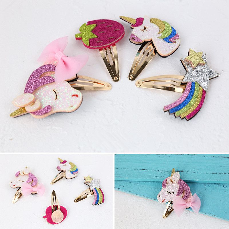4styles Unicorn Baby Girls Sequin Hair Clips Strawberry Rainbow