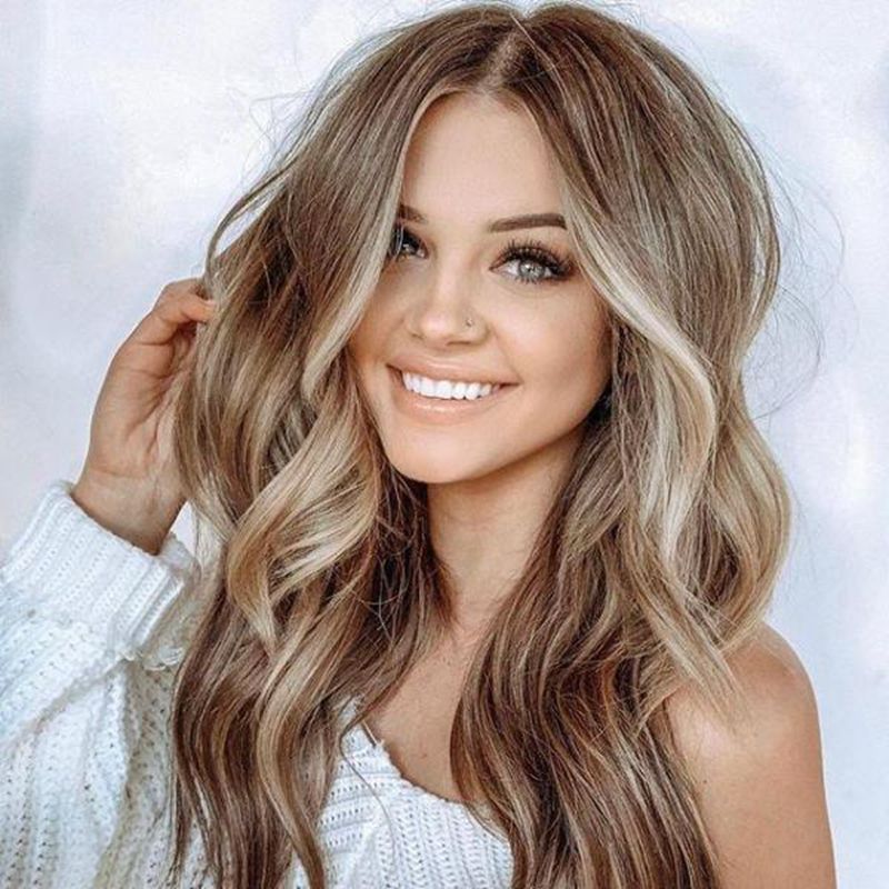 Zhifan 60cm Long Wavy Mix Color Wig Blonde Brown Loose Wave