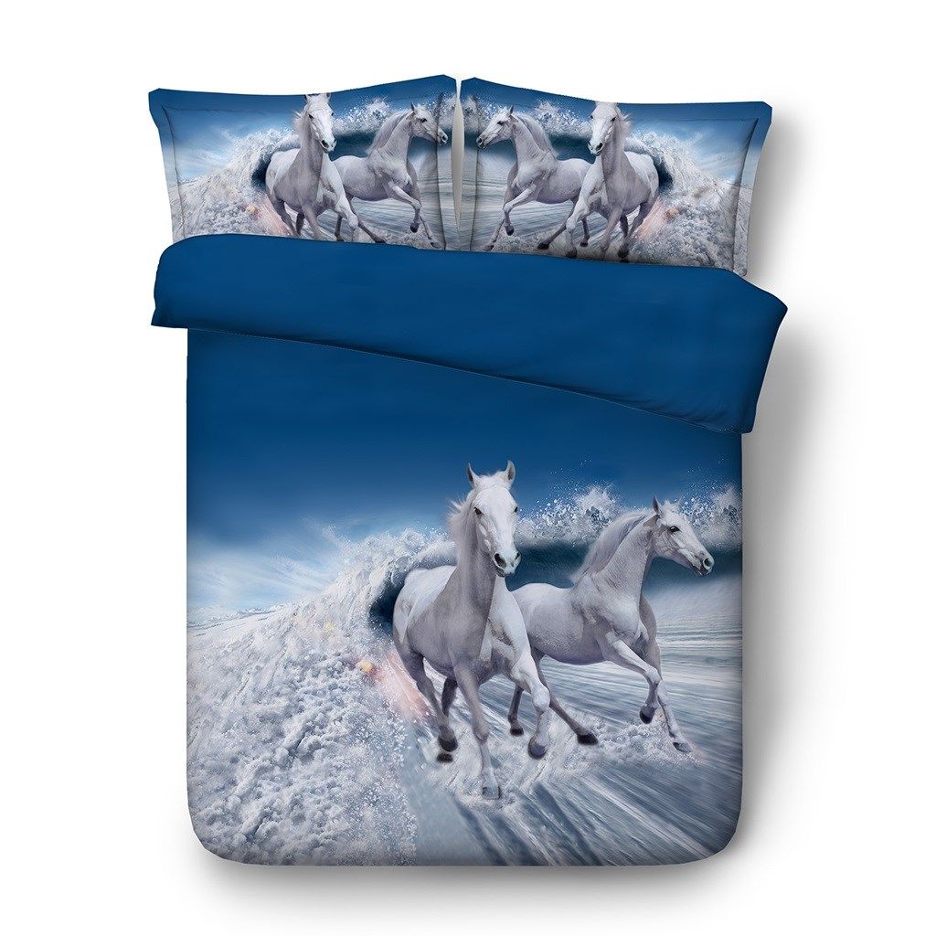2019 White Horse Bedspread Ocean Wave Duvet Cover Blue White