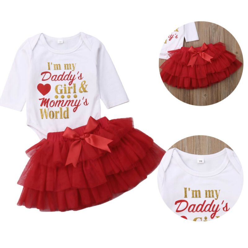 Infant Baby Toddler Girls Daddys Girl Mommys World Romper with Tutu Skirt Clothing Set