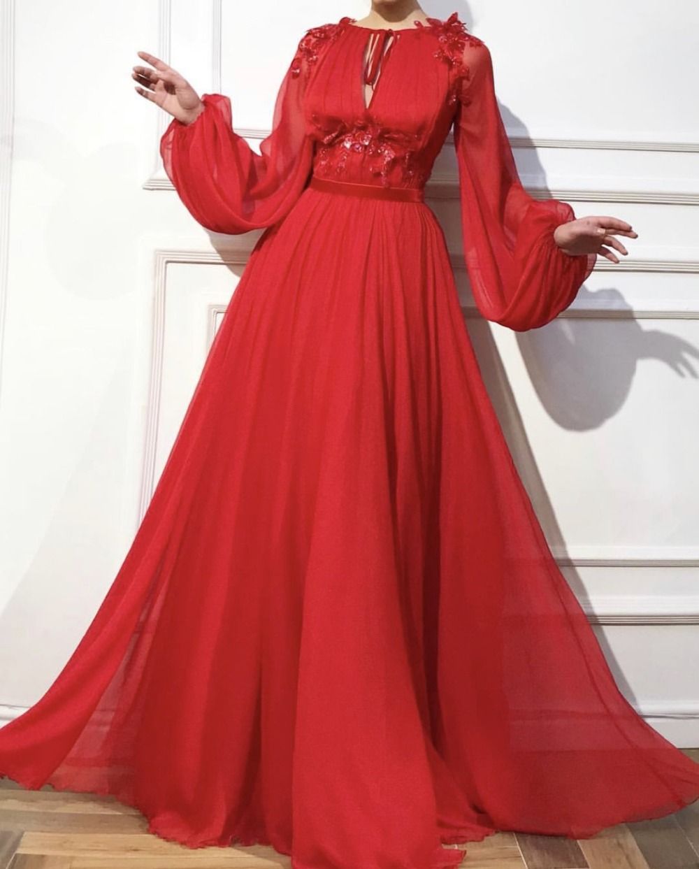 a line red dress with sleeves