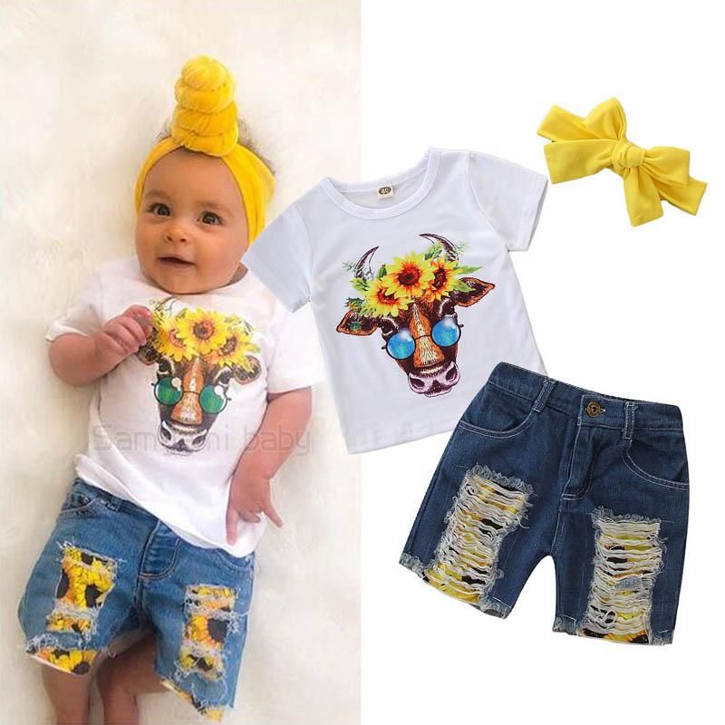 Toddler Kids Clothing Baby Girls Cute Ruffle Flower Vest Tank Top+Denim Ripped Shorts Pants 2Pcs Outfits Clothes Set