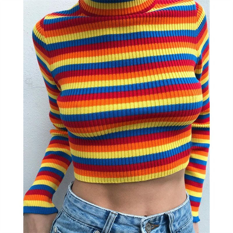 2018 Hot Sale Sweater Rainbow Striped Long Sleeve Sweater Shirt 