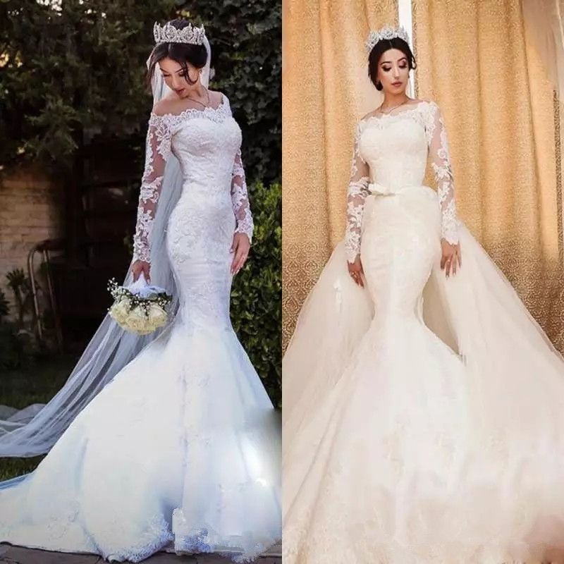 Acheter 2019 Robes De Mariage En Dentelle De Bateau Modeste Avec Jupe Amovible Illusion Manches Longues Sirène Robes De Mariée Longue Ligne De 14234