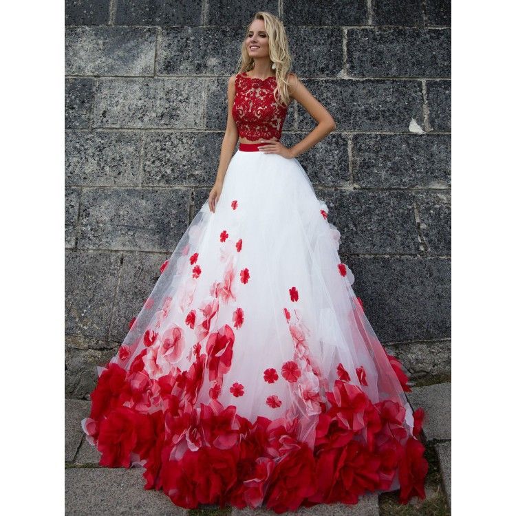 Compra Dos Piezas Quinceañera Bola Vestido De Noche Vestidos De Noche 3D  Flores Florales Applique Lace Sheer Cuello Hollow Back Red Y White Designer  Barato | Entrega Rápida Y Calidad | Es.Dhgate