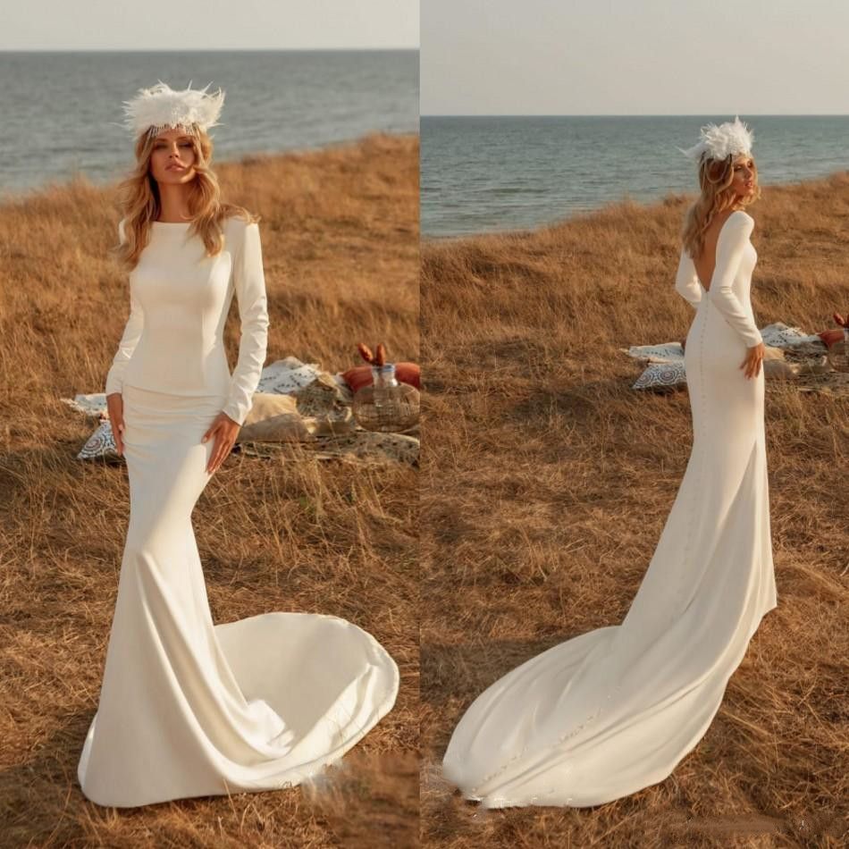 2020 Mermaid Satin Wedding Dresses Long Sleeve Backless