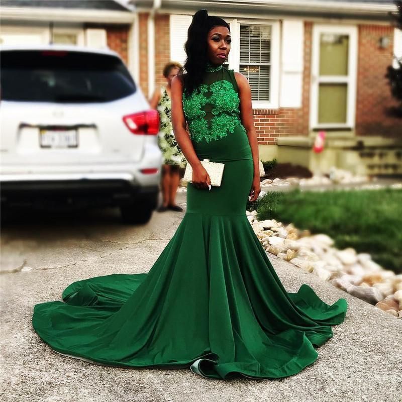 Dark Green Prom Dresses High Neck 
