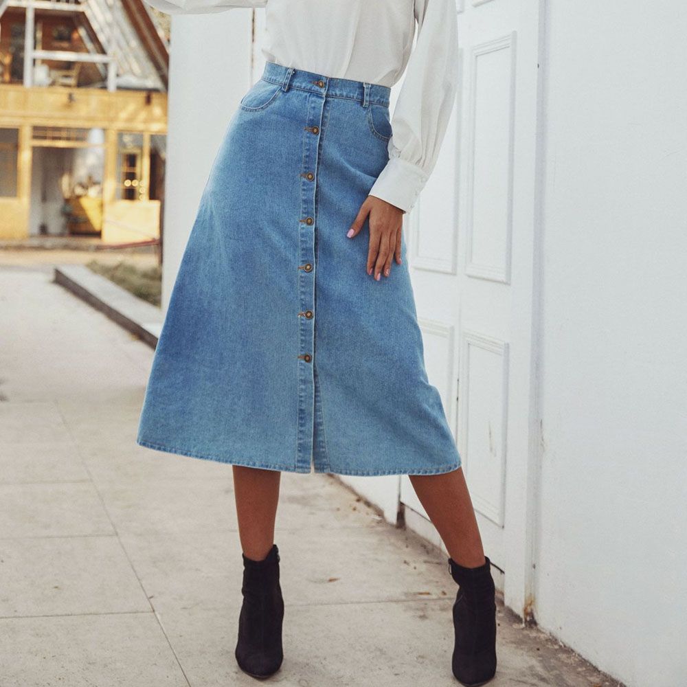 long jean skirt with buttons