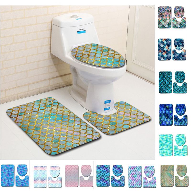 Fish Scale Printed Bath Mats 3pcs Set Anti Slip Bathroom Floor Mats Toilet Cover Rug Bathroom