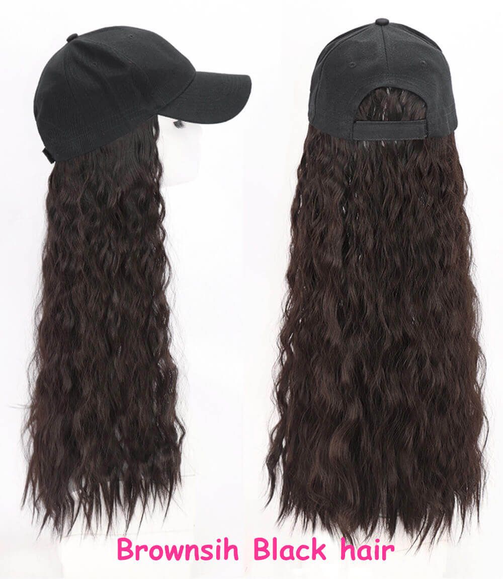 Baseball hat Brownish balck curly hair