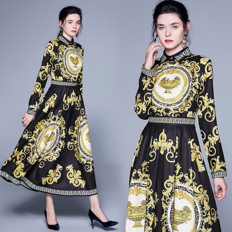 Acquista Abito Autunno Con Nero Europea Palazzo Depoca Barocca Stampa Della Vita Delle Donne Lunghe Vestiti Da Alta Manica Elegant Festa Di Fidanzamento Cena A 15 76 Dal Clothes Zone Dhgate Com